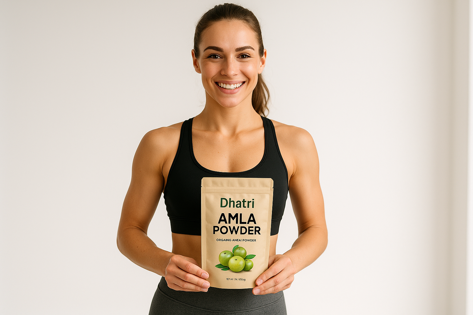 A fit girl holding Amla powder of dhatri brand on her hands