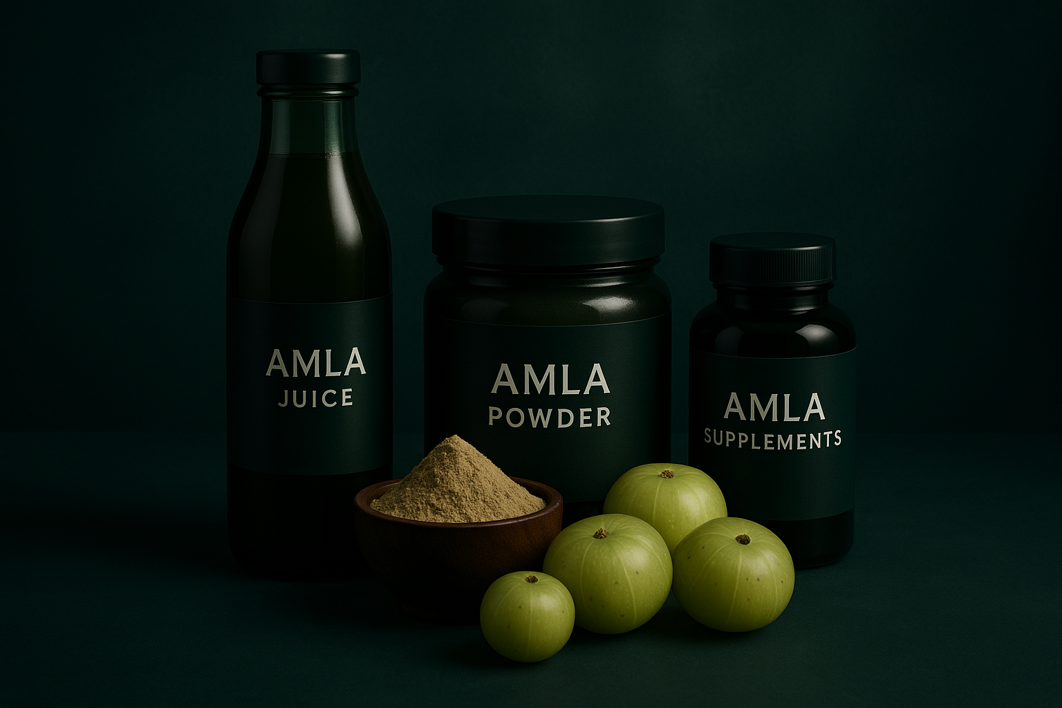 Dark green colour based background with Amla products touch